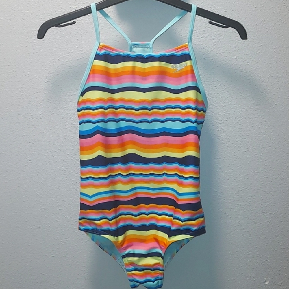 Speedo Colorful Striped Girls Athletic Swimsuit Size Large